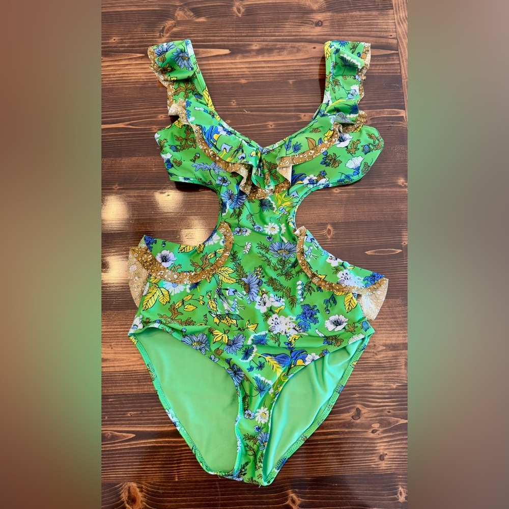 Aerie Green Floral Boho One-Piece Cutout  Swimsuit Full Coverage‎ Size S EUC